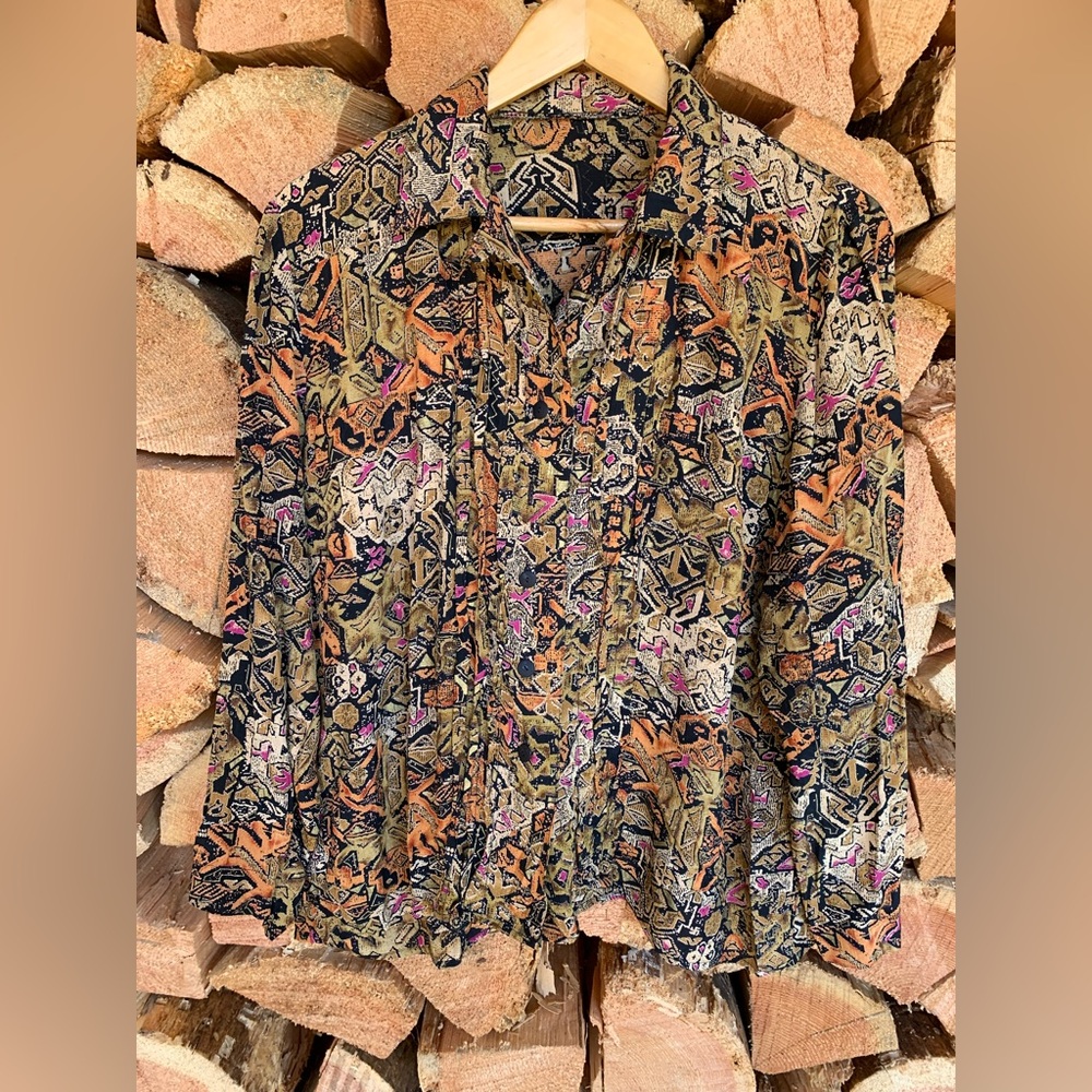 Vintage Abstract Geometric Tribal Print Button Down Pleated Front Shirt Blouse